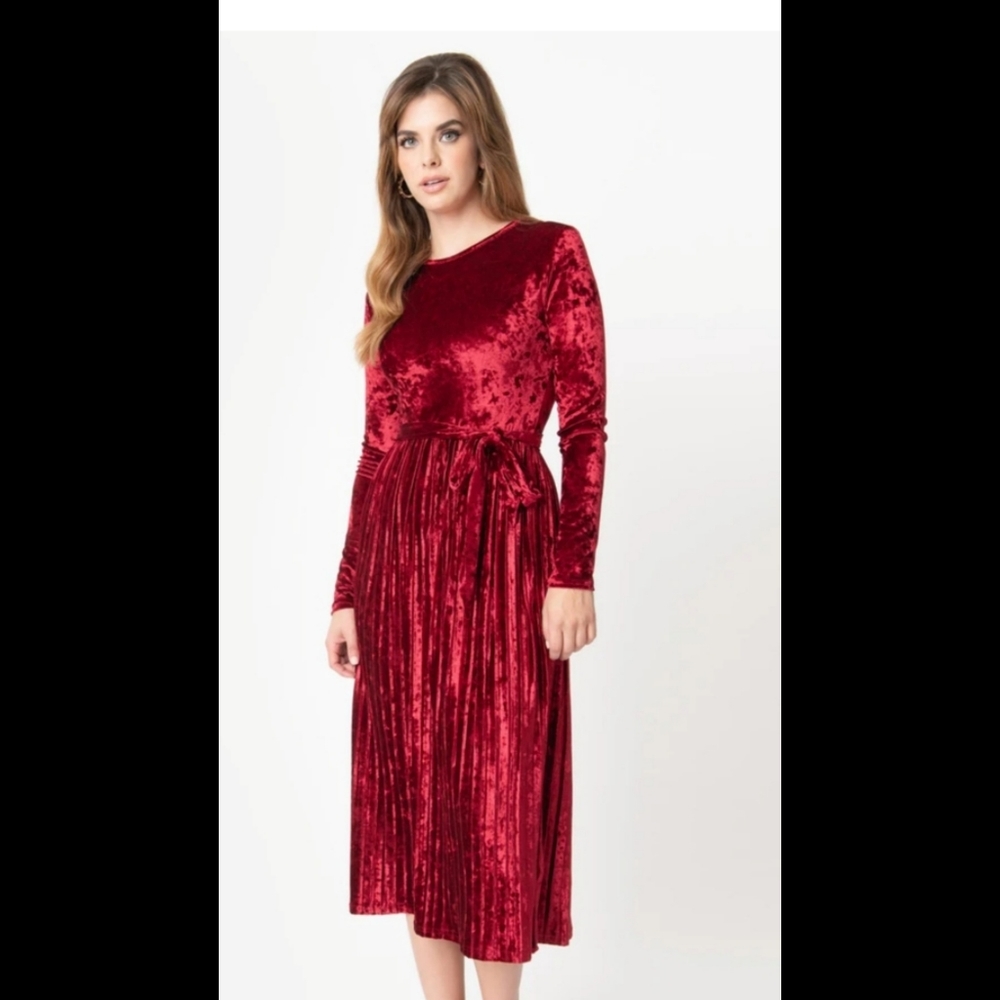 NW Red Velvet Pleated Dress